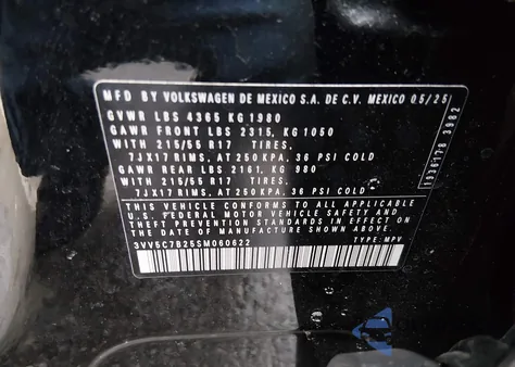 2025 Volkswagen Taos 1.5T S из США, поврежденный, VIN 3VV5C7B25SM060622